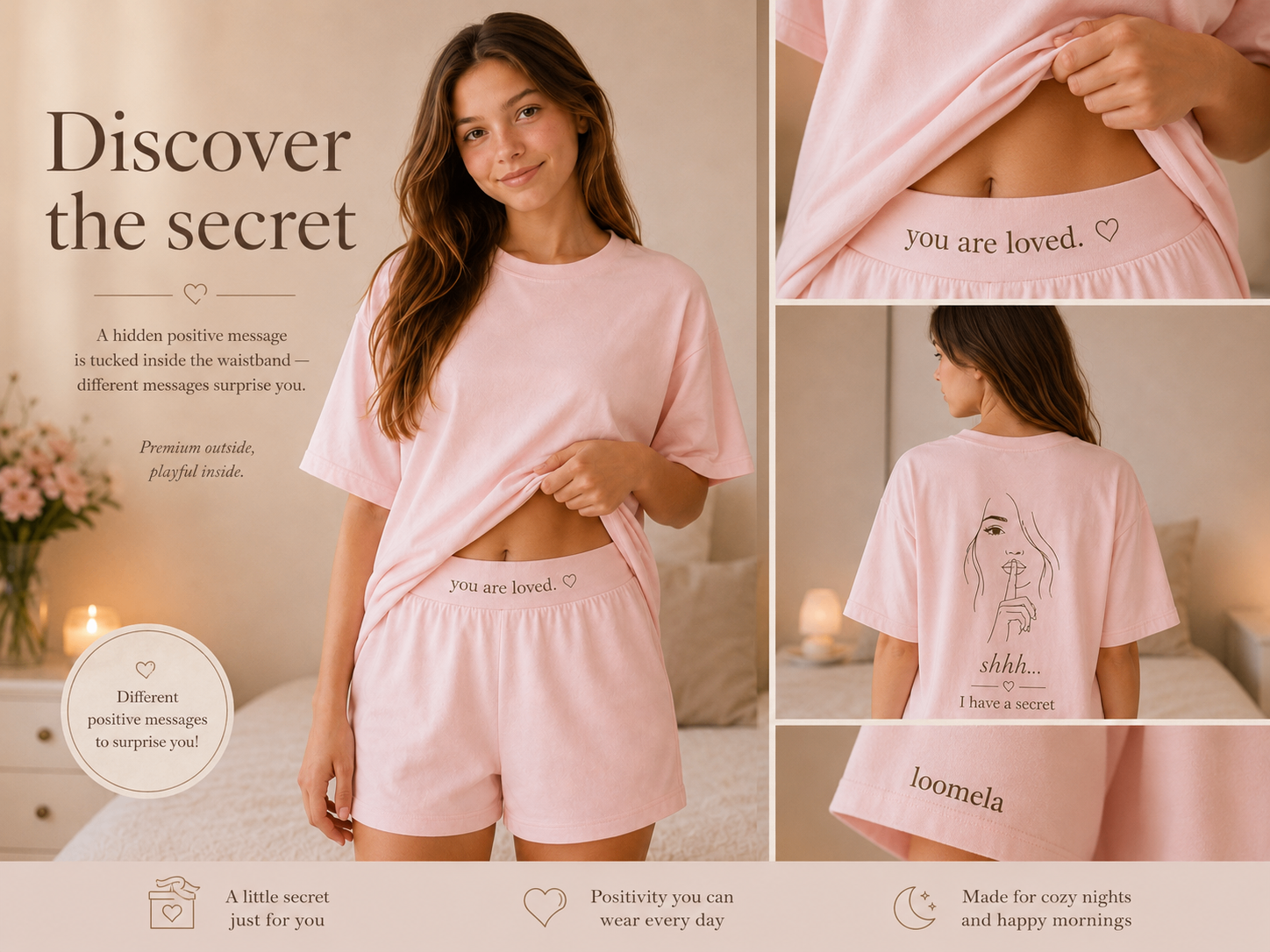 loomela pink pajama set collage showing the secret message details and soft fabric close-ups